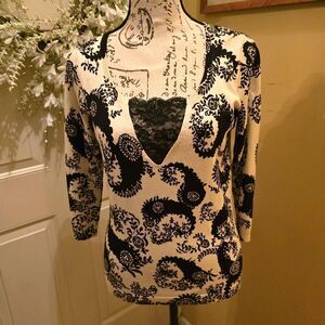 AUGUST SILK KNITS Beige Black Paisley Knit Top Large Beaded Lace Insert